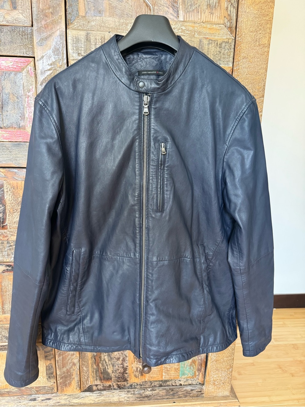 John Varvatos Navy Leather Bomber Jacket